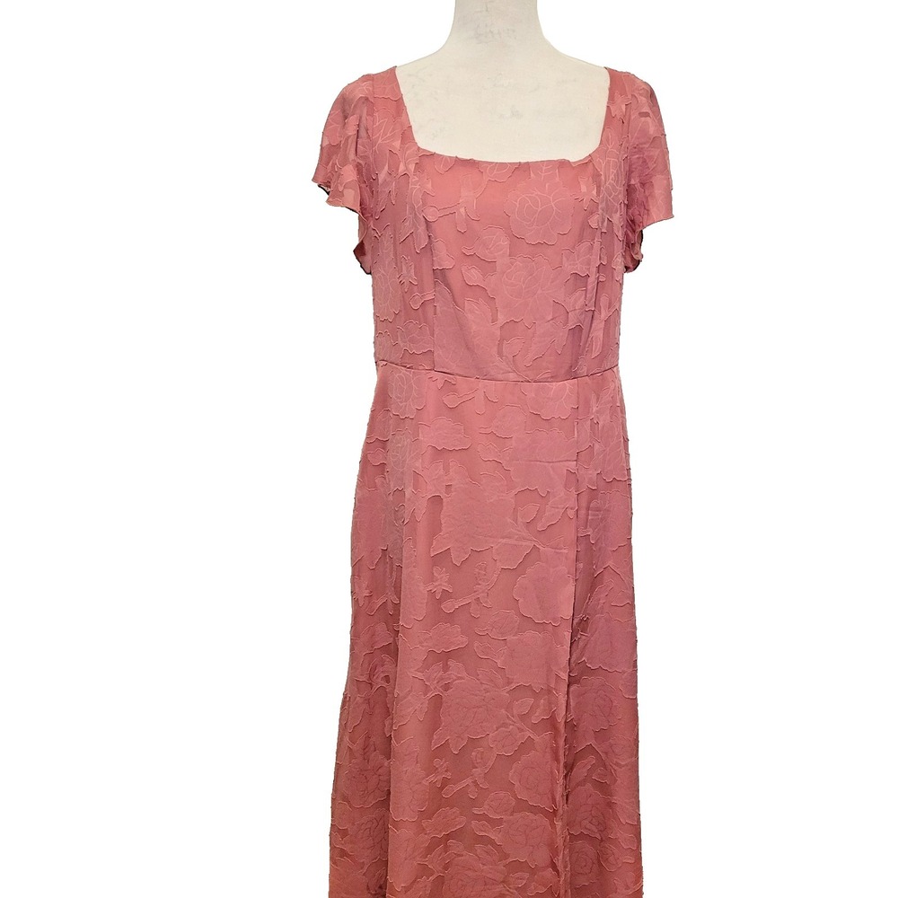 KIRUNDO Women's XL Pink Floral Textured Maxi Dress Smocked Back Flutter...